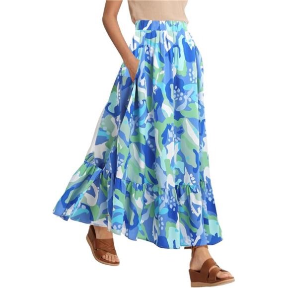 Women's Flowy Boho A-Line Pleated Maxi Skirt Blue - Picture 1 of 5